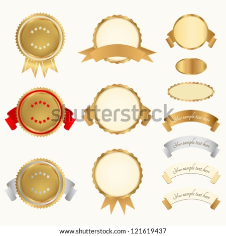 Vector set Awards Usable for certificate diploma or different awards Golden medals with red ribbons sign of winner Vector badge of First Second Third place Vector set Awards Usable for certificate diploma or different awards Golden medals with red ribbons sign of winner Vector badge of First Second Third place