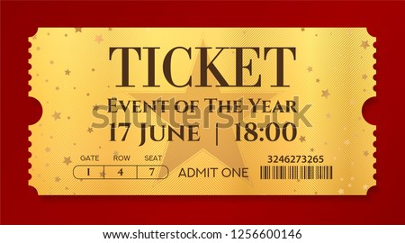 Admission golden ticket template. Vector mockup movie ticket (tear-off) with star gold background. Useful for any festival, party, concert, cinema, birthday event, entertainment show