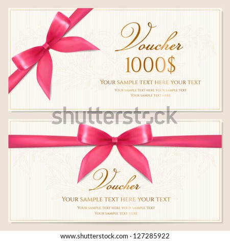 Voucher Template With Floral Pattern, Border And Red Bow (Ribbons). Design Usable For Gift Coupon, Voucher, Invitation, Certificate, Diploma, Ticket Etc. Corrugated Background. Vector
