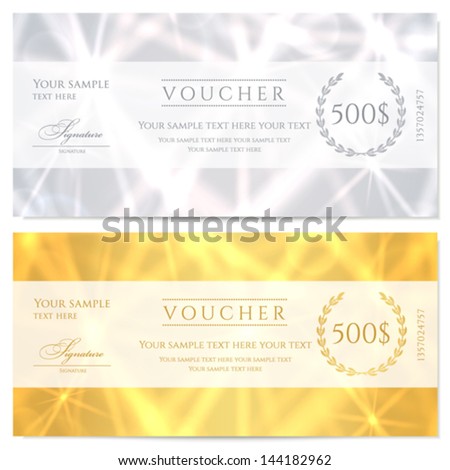 Voucher Gift certificate Coupon template with abstract pattern sparkling twinkling stars Background design for invitation banknote cheque check currency banner Gold silver colors Voucher Gift certificate Coupon template with abstract pattern sparkling twinkling stars Background design for invitation banknote cheque check currency banner Gold silver colors