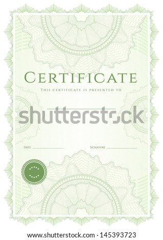 Green Certificate of completion (template or sample background) with guilloche pattern (watermarks), border. Design for diploma, invitation, gift voucher, official, awards (winner). Vector available