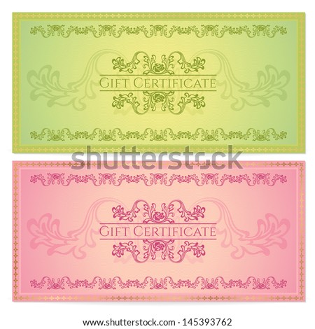 Gift certificate, Voucher, Coupon template (layout) with floral pattern (watermark), border. Background for invitation, banknote, cheque (check), money design, currency. Green color. Vector available