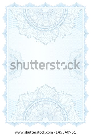Blue Certificate of completion (template or sample background) with guilloche pattern (watermark), border. Design for diploma, invitation, gift voucher, official, award (winner). Vector also available