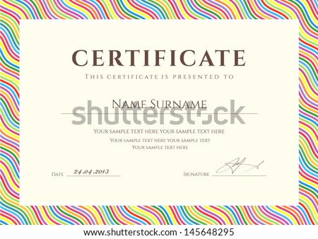 Certificate of completion template or sample background with colorful bright rainbow wave lines pattern border Design for diploma invitation gift voucher ticket awards Vector Certificate of completion template or sample background with colorful bright rainbow wave lines pattern border Design for diploma invitation gift voucher ticket awards Vector