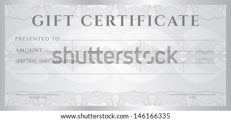 Gift certificate, Voucher, Coupon template (layout). Guilloche pattern (watermark), border. Background for banknote, money design, currency, cheque, note, check, ticket. Silver color. Vector available