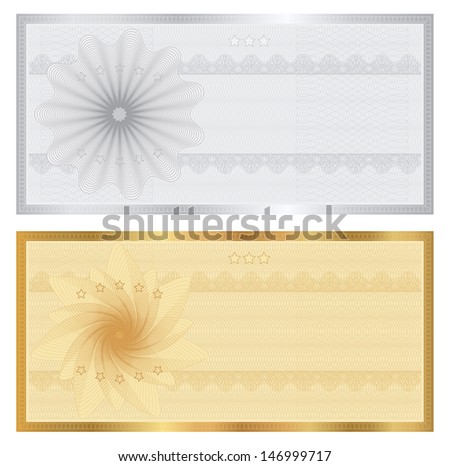 Gift Certificate, Voucher, Coupon Template With Guilloche Pattern (Watermark), Border. Background For Banknote, Money Design, Currency, Note, Check (Cheque), Ticket. Cold, Silver. Vector In Portfolio