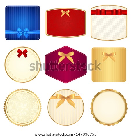 Set: Colorful Sale banner (coupon or tag) template with border and bow (ribbons). Design for sale coupon, sale tag, ticket etc. Corrugated background. Vector in Portfolio