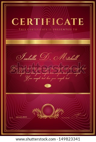 Dark red Certificate Diploma of completion design template background with floral pattern gold border frame insignia Useful for Certificate of Achievement Certificate of education awards Dark red Certificate Diploma of completion design template background with floral pattern gold border frame insignia Useful for Certificate of Achievement Certificate of education awards