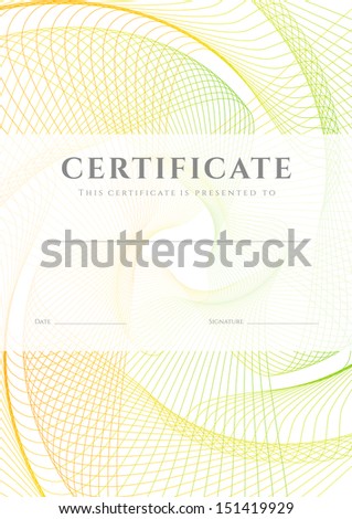 Certificate, Diploma of completion (design template, background) with colorful guilloche pattern (watermark), frame. Useful for: Certificate of Achievement, awards, winner.
