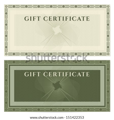 Gift certificate, Voucher, Coupon template with guilloche pattern (watermark). Green background for banknote, money design, currency, note, check (cheque), ticket, reward.