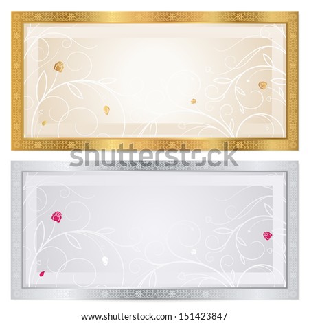 Gift certificate, Voucher, Coupon, ticket template with floral pattern, frame (flower). Background for invitation, money design, currency, check (cheque). Gold, silver colors.