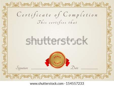 Certificate, Diploma of completion (design template, background). Gold Floral (scroll, swirl) pattern (watermark), border, frame. Vintage Certificate of education, awards, winner