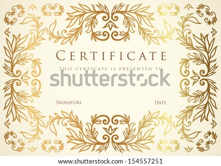 Certificate, Diploma of completion (design template, background). Gold Floral (scroll, swirl) pattern (watermark), border, frame. Vintage Certificate of education, awards, winner