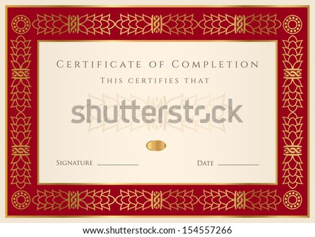 Certificate, Diploma of completion (design template, background). Gold Floral (scroll, swirl) pattern (watermark), border, frame. Red Vintage Certificate of education, awards, winner