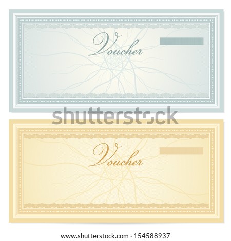 Gift certificate, Voucher, Coupon template with guilloche pattern (watermark, spirograph), border. Blank background for banknote, money design, currency, note, check (cheque), ticket, reward. Blue
