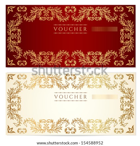 Voucher, Gift certificate, Coupon template with scroll, floral pattern (watermark), border. Background for banknote, money design, currency, note, check (cheque), ticket, reward. Dark red, gild color