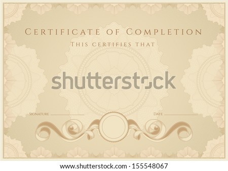 Certificate, Diploma of completion (design template, background) with guilloche pattern (watermark), border, frame. Vintage Certificate of Achievement, Certificate of education, coupon, awards, winner