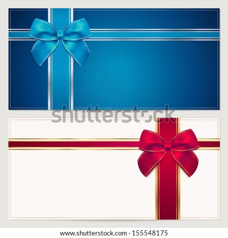 Coupon, Voucher, Gift Certificate, Invitation, Gift Card (Greeting Card) Template With Big Red And Blue Bow (Ribbons, Present). Holiday (Celebration) Background Design For Invitation