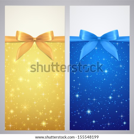 Coupon, Voucher, Gift certificate, gift card template with bow (ribbon), sparkling, twinkling stars. Holiday (celebration) gold background (Christmas, Birthday) for invitation, banner. Blue night sky