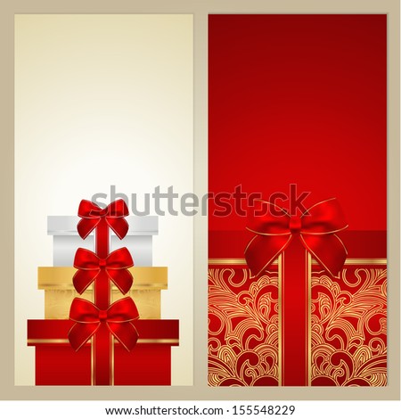 Voucher, Gift certificate, Coupon, Gift card template with border, bow (ribbons, present). Holiday (celebration) background design (Christmas, Birthday) for invitation, banner, ticket. Red, gold color