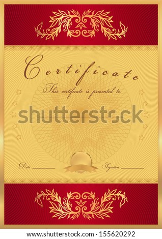 Certificate, Diploma of completion (design template, background) with guilloche pattern (watermark), scroll border, red frame. Gold Certificate of Achievement, coupon, award, winner