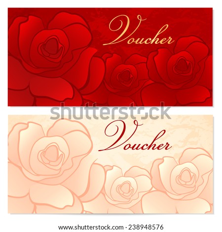 Voucher, Gift certificate, Coupon template with floral rose pattern (flowers). Red background for invitation, money design, currency, note, check (cheque), ticket, reward