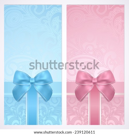 Voucher, Gift certificate, Coupon template with gift bow (ribbons, present). Holiday (celebration) blue background design (Christmas, Birthday) for invitation, banner, ticket