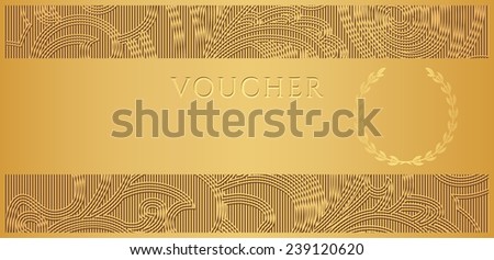 Voucher, Gift certificate, Coupon template with floral, scroll pattern, frame, border. Gold background design for invitation, ticket, banknote, money design, currency, check (cheque)