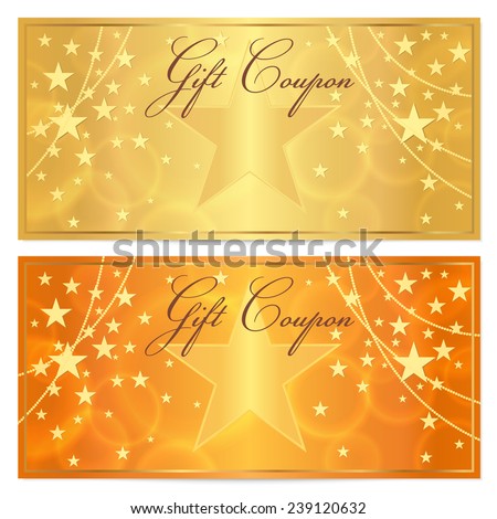 Gift certificate, Voucher, Coupon template with stars pattern. Holiday gold and orange background for money design, currency, note, check (cheque), ticket, reward on birthday, christmas etc.