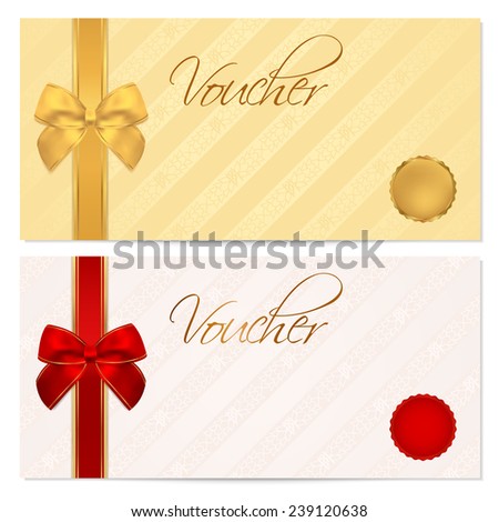 Voucher, Gift certificate, Coupon template with stripe pattern, red and gold bow. Background for invitation, money design, currency, note, check (cheque), ticket, reward on birthday, christmas etc.
