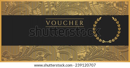 Voucher, Gift certificate, Coupon template. Floral, scroll pattern (bow, frame). Black and gold background design for invitation, ticket, banknote, money design, currency, check (cheque), reward