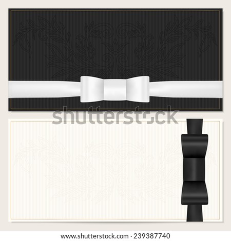 Voucher, Gift certificate, Coupon, Invitation or Gift card template with black (bow tie) bow (ribbon), floral (scroll) pattern, gold text. Dark background design for banknote, check (cheque)