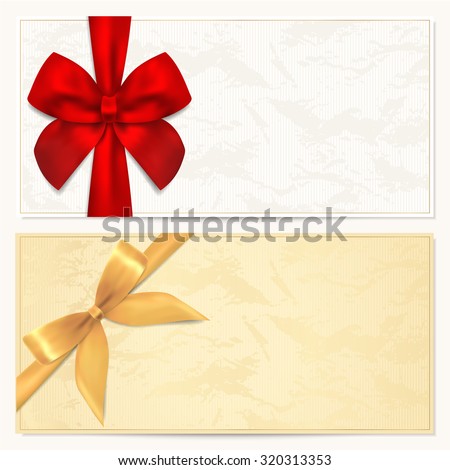 Voucher, Gift certificate, Coupon, Gift money bonus or Gift card blank template with red, gold bow (ribbon). Background for reward design, invitation, ticket, banknote, currency, check (cheque), flyer