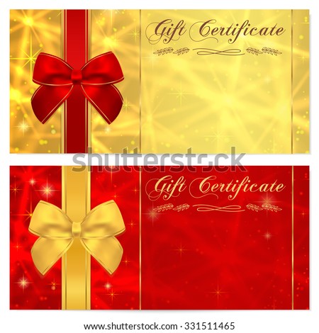 Gift certificate, Voucher, Coupon, Invitation or Gift card template with sparkling, twinkling stars (texture) and bow (ribbon). Red, gold background design money bonus, banner, ticket