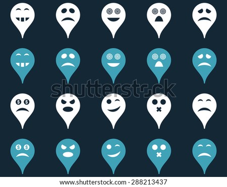 Emotion map marker icons. Glyph set style: bicolor flat images, blue and white symbols, isolated on a dark blue background.