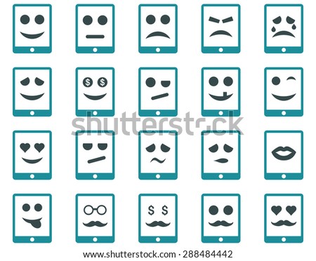 Emotion mobile tablet icons. Vector set style: bicolor flat images, soft blue symbols, isolated on a white background.