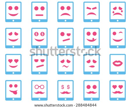 Emotion mobile tablet icons. Vector set style: bicolor flat images, pink and blue symbols, isolated on a white background.