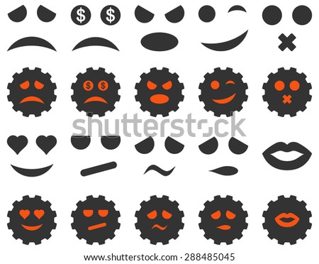 Tool, gear, smile, emotion icons. Vector set style: bicolor flat images, orange and gray symbols, isolated on a white background.