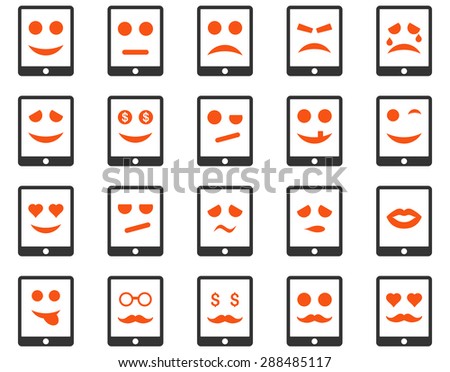 Emotion mobile tablet icons. Vector set style: bicolor flat images, orange and gray symbols, isolated on a white background.