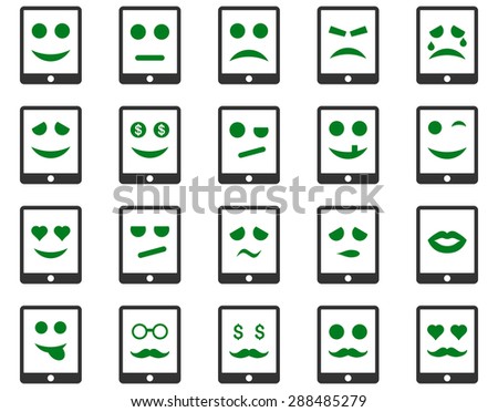 Emotion mobile tablet icons. Vector set style: bicolor flat images, green and gray symbols, isolated on a white background.
