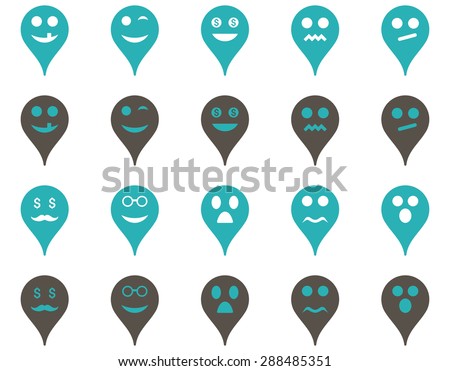 Emotion map marker icons. Vector set style: bicolor flat images, grey and cyan symbols, isolated on a white background.