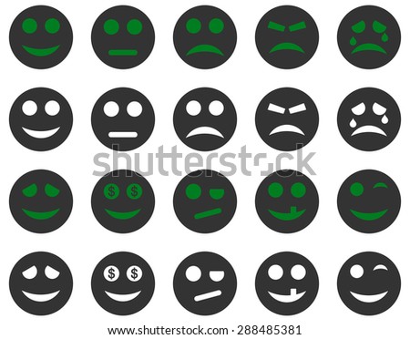 Smile and emotion icons. Vector set style: bicolor flat images, green and gray symbols, isolated on a white background.
