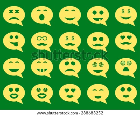 Chat emotion smile icons. Vector set style: flat images, yellow symbols, isolated on a green background.