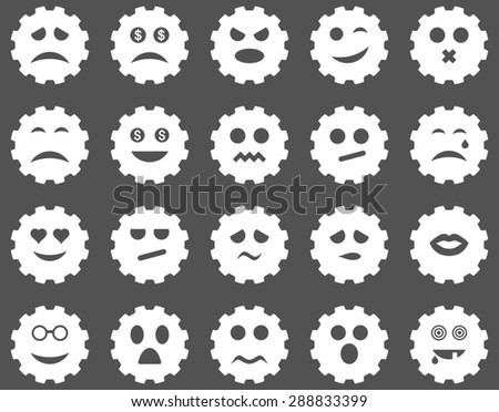 Gear emotion icons. Glyph set style: flat images, white symbols, isolated on a gray background.
