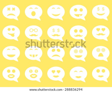 Chat emotion smile icons. Vector set style: flat images, white symbols, isolated on a yellow background.
