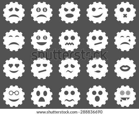 Gear emotion icons. Vector set style: flat images, white symbols, isolated on a gray background.