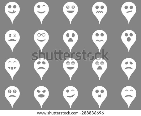 Emotion map marker icons. Vector set style: flat images, white symbols, isolated on a gray background.