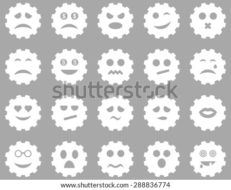 Gear emotion icons. Vector set style: flat images, white symbols, isolated on a silver background.