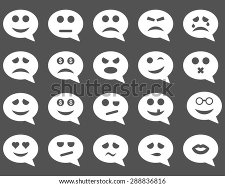 Chat emotion smile icons. Vector set style: flat images, white symbols, isolated on a gray background.