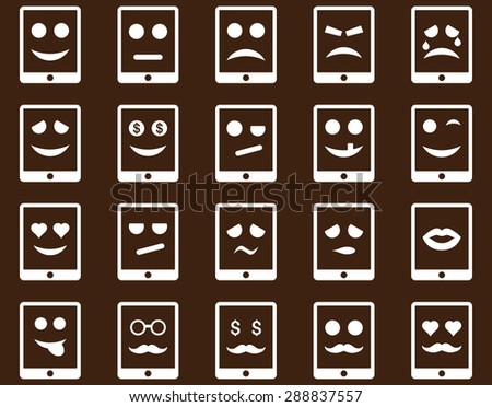 Emotion mobile tablet icons. Vector set style: flat images, white symbols, isolated on a brown background.
